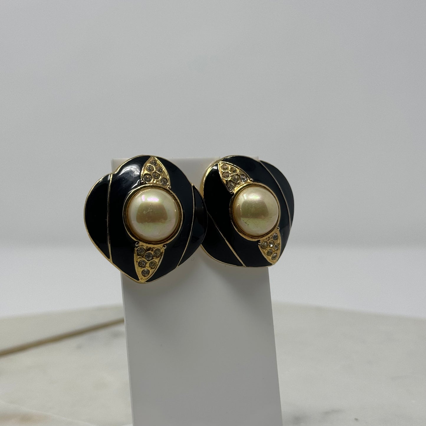 Vintage Black & Gold Accent Pearl Statement Post Earrings