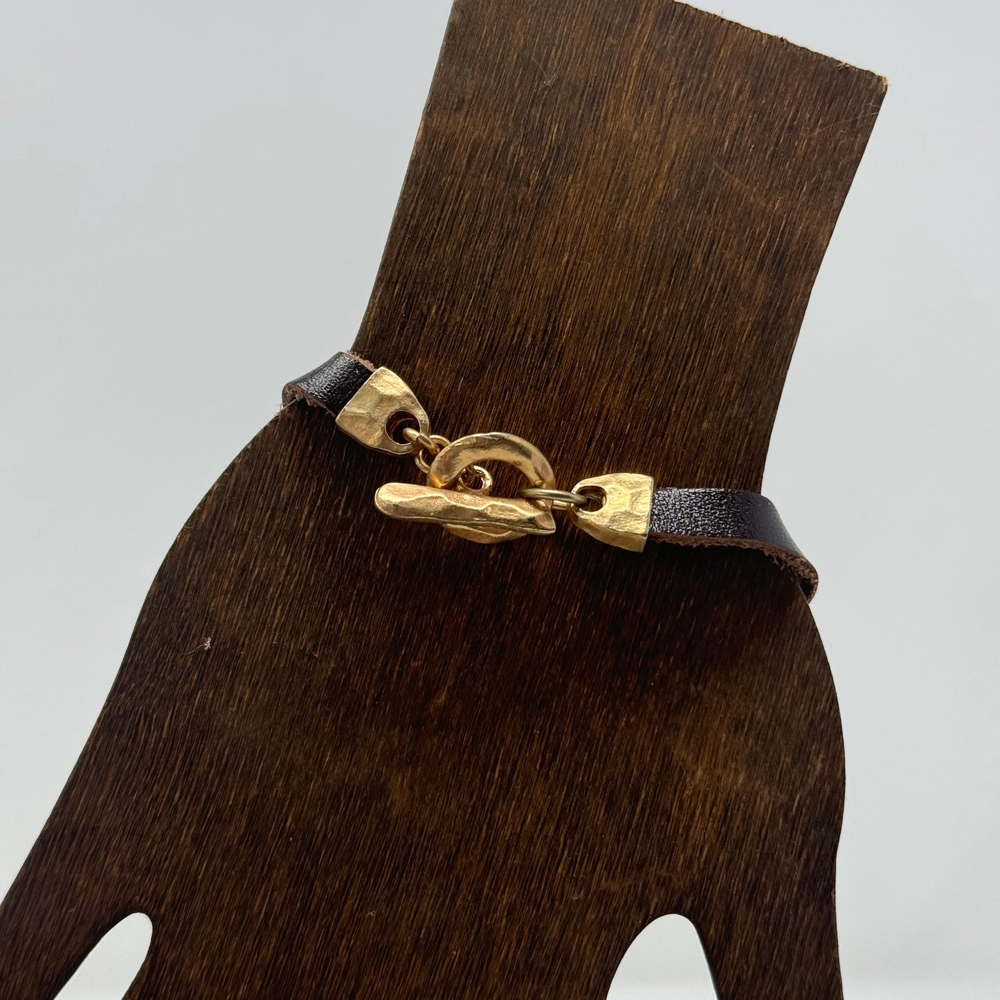 Bracelet Boho Brown Leather Gold Tone Affirmation Cross Blessed Bangle 9.25 in