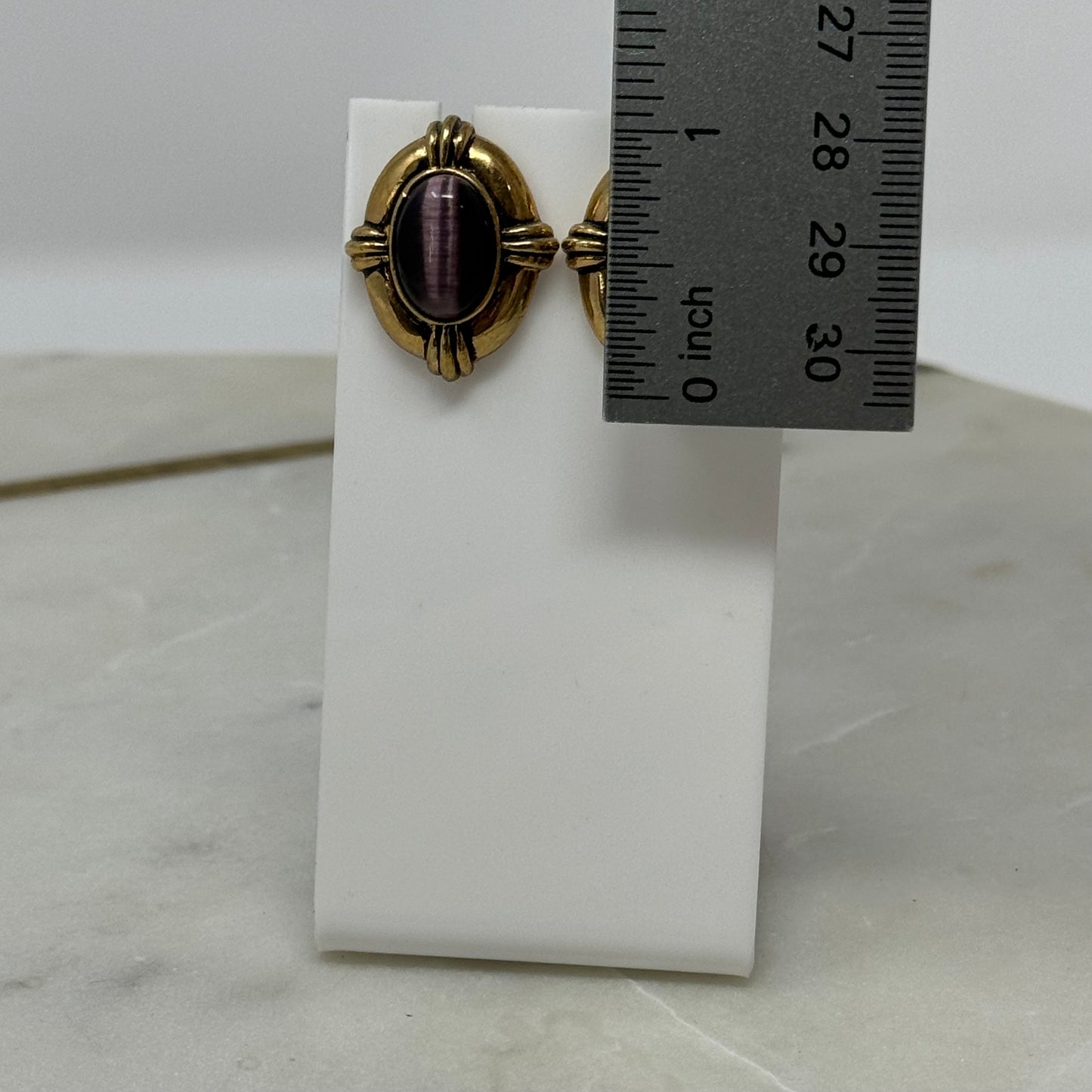 Avon Earrings Boho Southwest Purple Cat Eye 1 in Gold Tone Stud Costume Jewelry