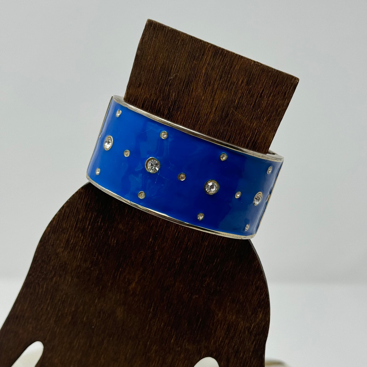 Bracelet Blue Wide Metal Cuff Rhinestone Hinge Bangle 7.5 in Costume Jewelry