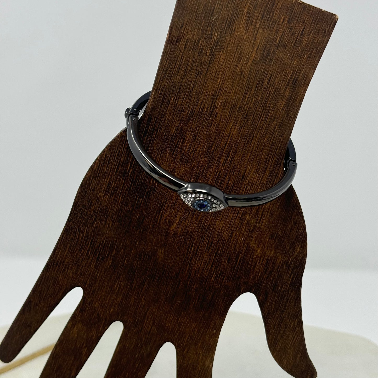 Bracelet Boho Blue Eye Rhinestone Metal Hinge Bangle Gun Metal Tone 7.75 in