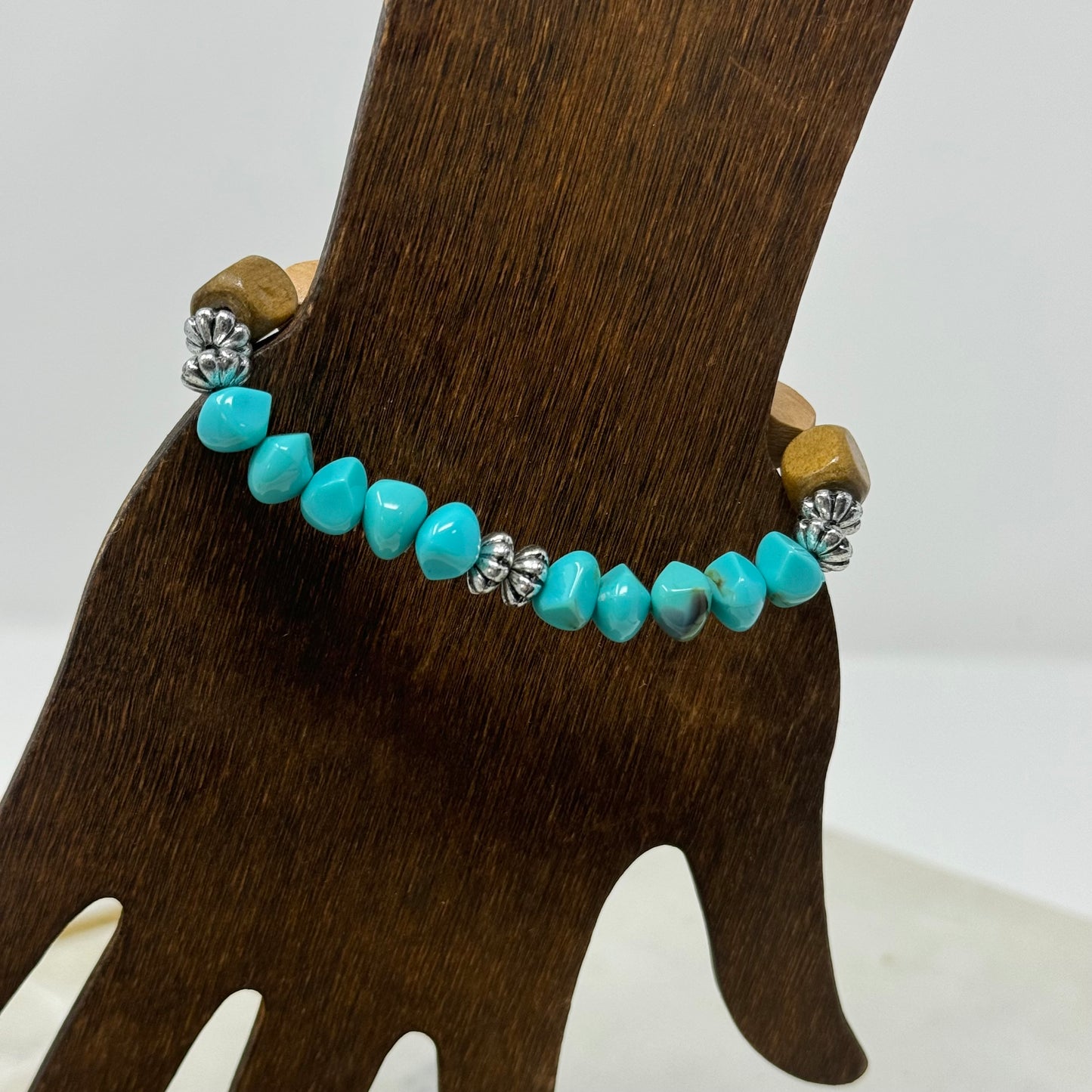 Bracelet Boho Southwest Wood Beaded Stretch Bangle Teal Blue Beige Silver 7 in