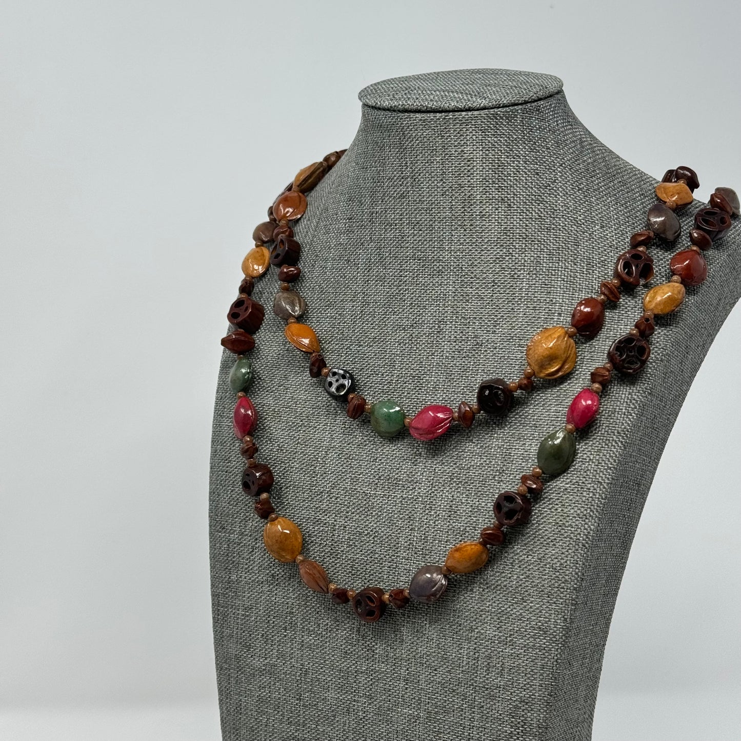 Artisan Hand-carved Bead Necklace - Boho Multi-Colored Statement Jewelry Handmade