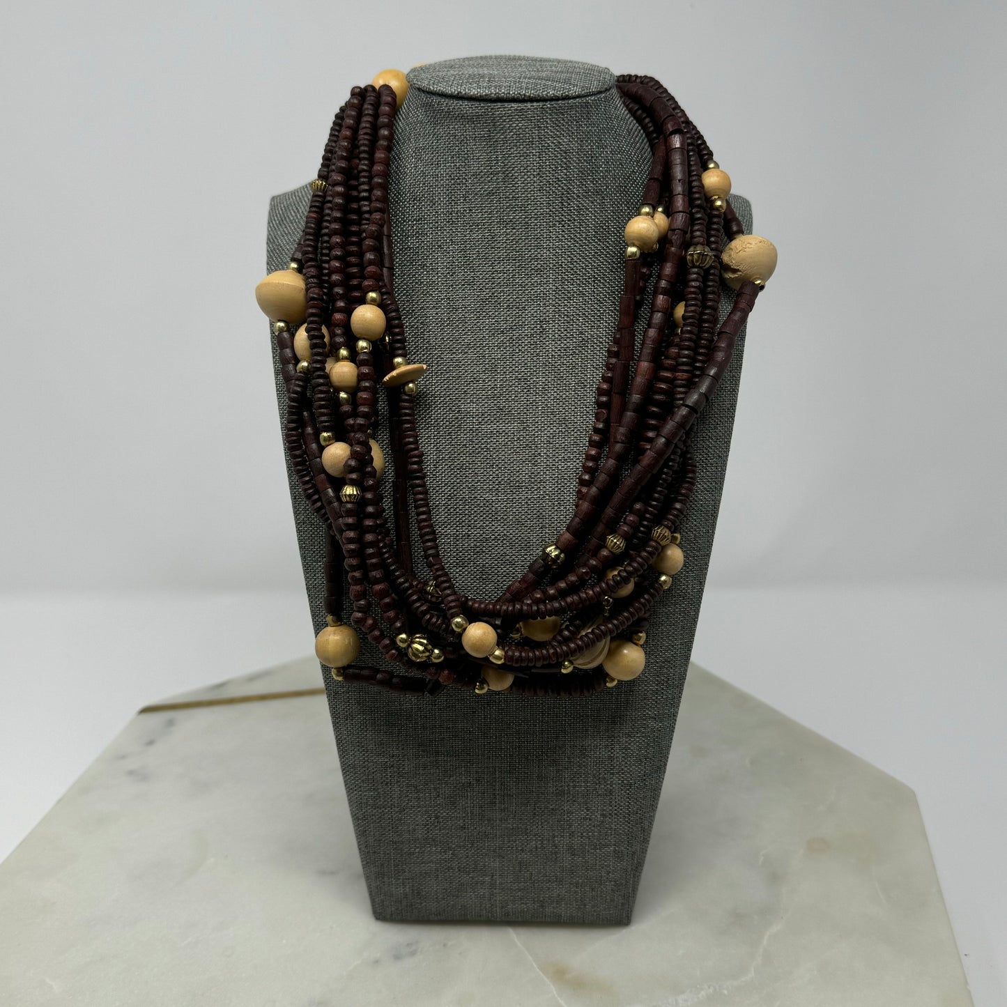 Unique Handmade Multi-Strand Necklace Brown & Beige Beaded - Boho Wood Statement Jewelry