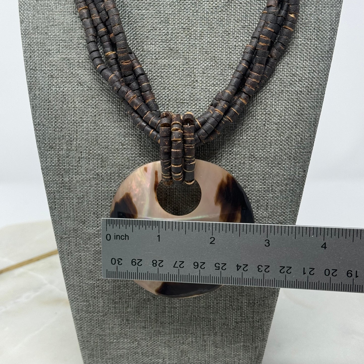 Boho Brown Beaded Necklace Large Shell Pendant Multi-Strand Brown Handmade Statement Jewelry