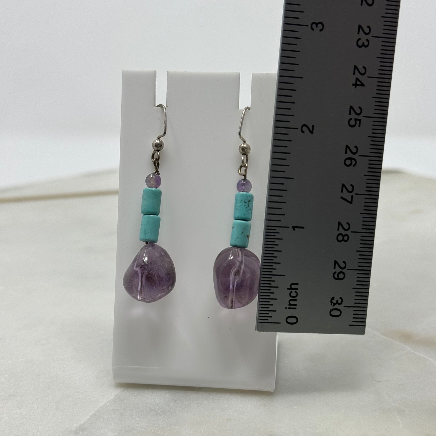 Earrings Boho Southwest Hook Dangles Turquoise & Purple Beaded Stone 2.5 in