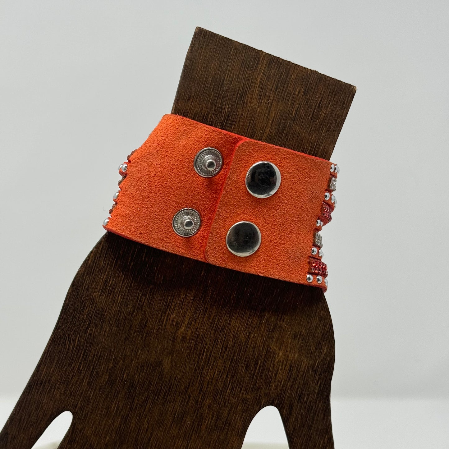 Bracelet Boho Southwest Layer Orange Faux Leather Rhinestone Cuff 9.25 in