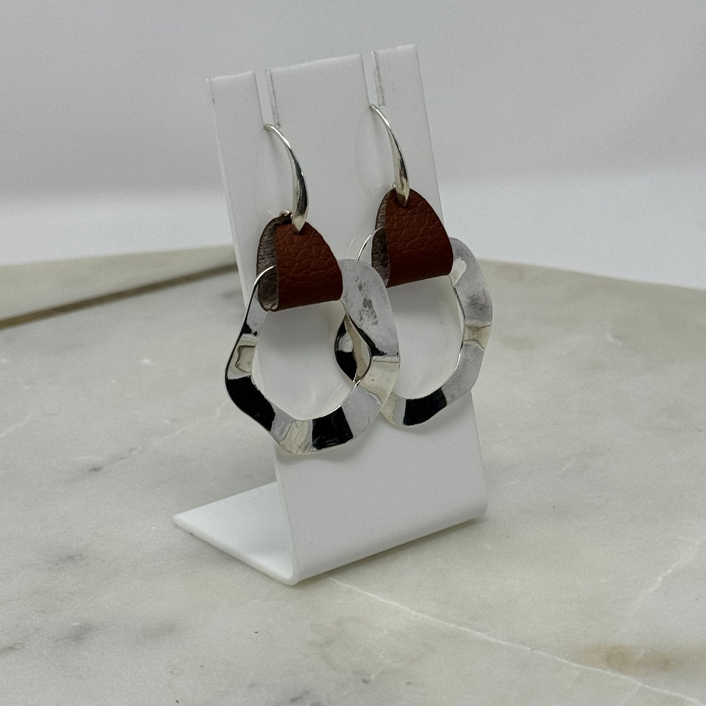 Earrings Boho Modern Southwest Leather Silver Tone Abstract Artisan Dangle Hook 2.5 in