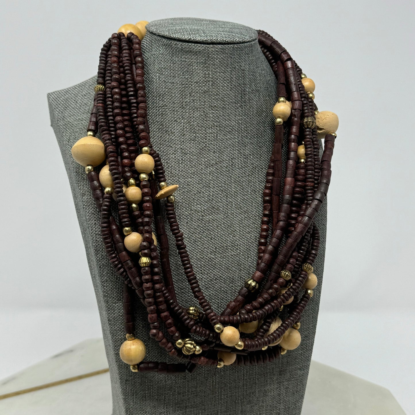 Unique Handmade Multi-Strand Necklace Brown & Beige Beaded - Boho Wood Statement Jewelry