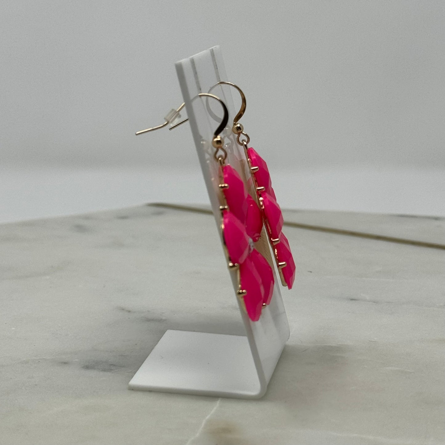 Vibrant Pink Flower Rhinestone Dangle Hook Earrings