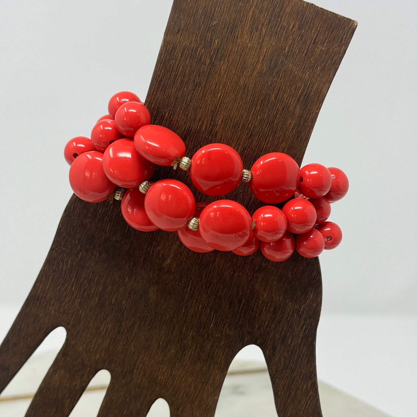 Bracelet Stretch Red Beaded Strands Gold Spacer Set of 3 Stackable Bangles 8 in Costume Jewelry