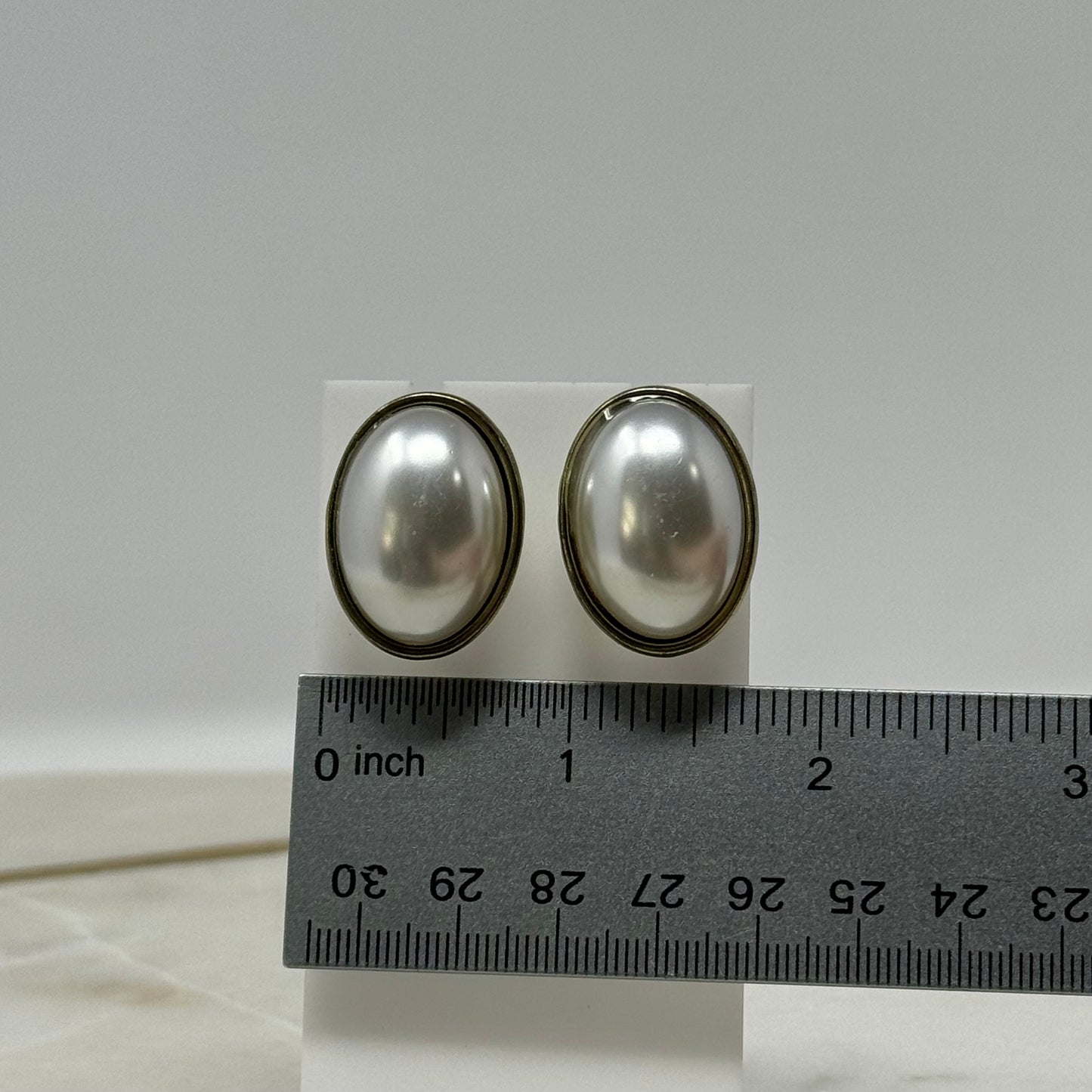 ABC Studios Earrings Classic Faux Pearl White Oval Button Stud .75 in Costume Jewelry