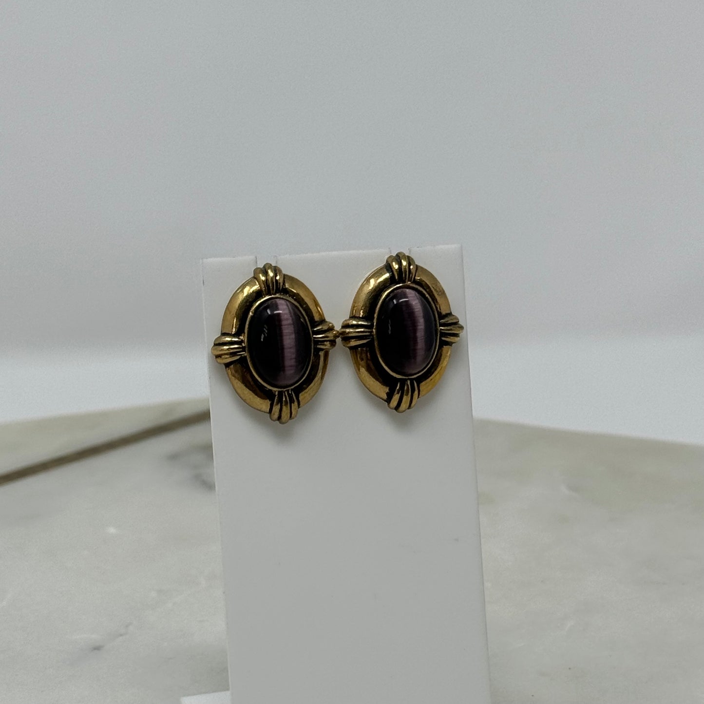 Avon Earrings Boho Southwest Purple Cat Eye 1 in Gold Tone Stud Costume Jewelry