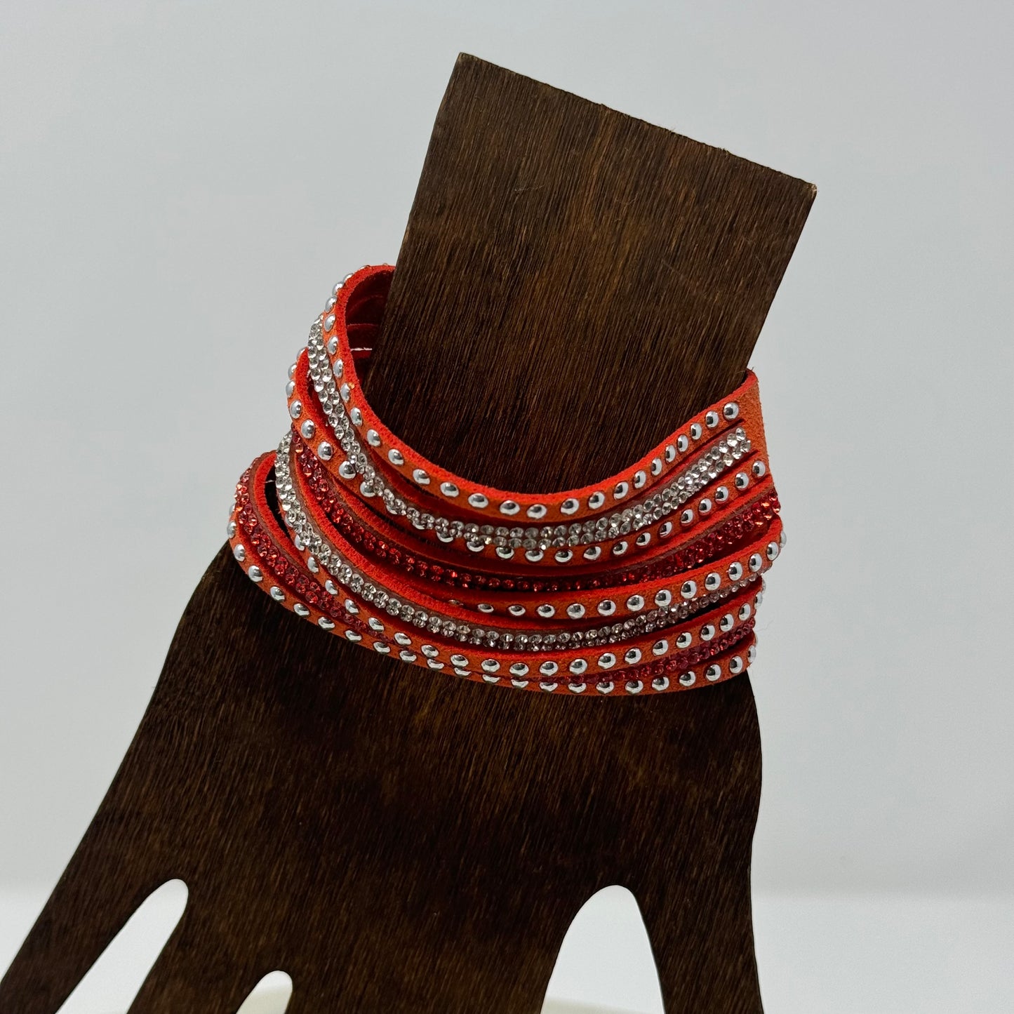 Bracelet Boho Southwest Layer Orange Faux Leather Rhinestone Cuff 9.25 in
