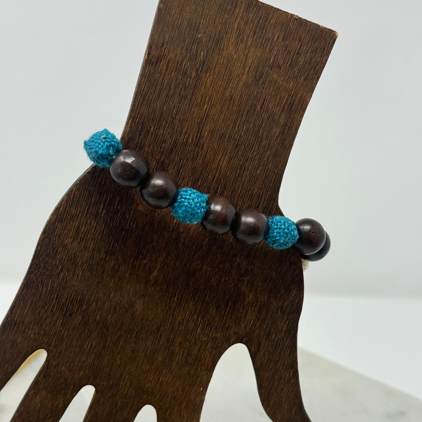 Bracelet Boho Beaded Strand Wood Canvas Stretch Bangle Brown Blue Beige 8 in