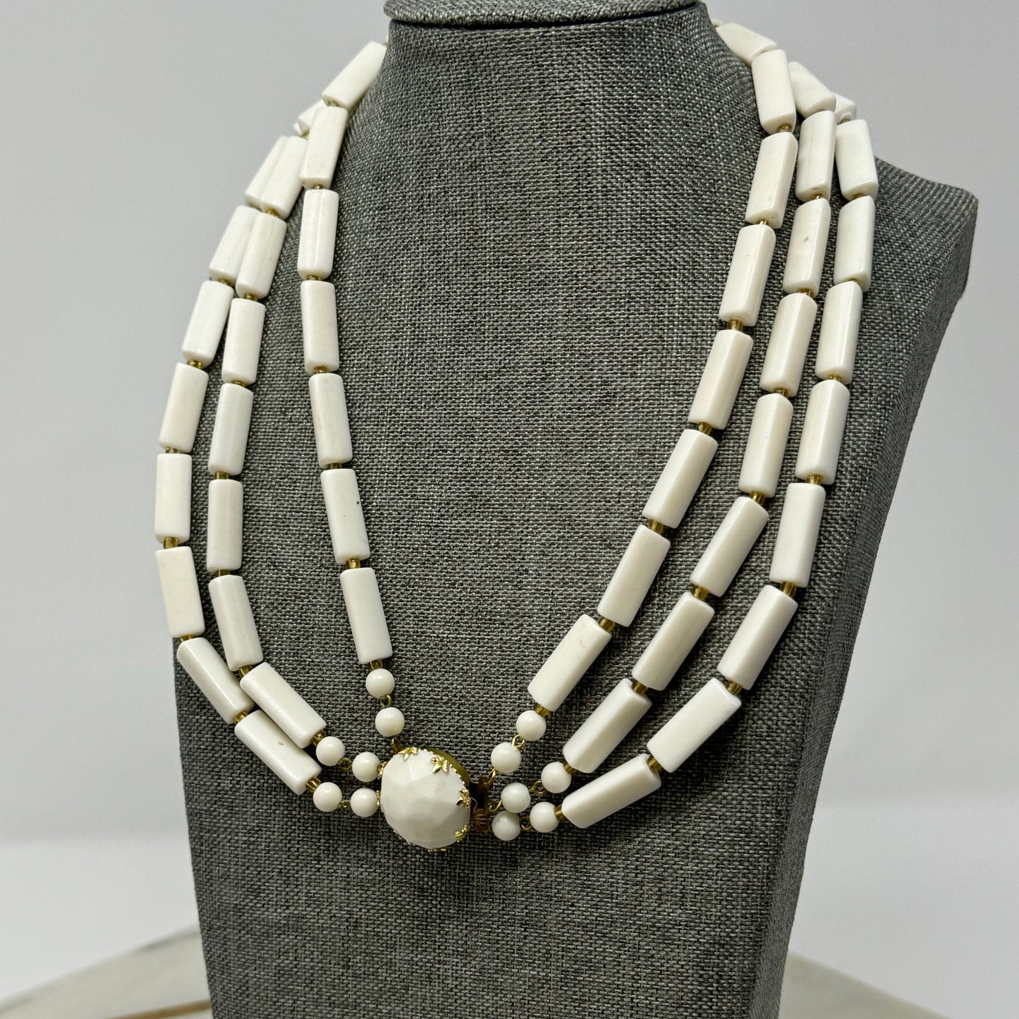 Vintage Necklace Statement Multi Strand Beaded White Box Clasp 15 in Jewelry