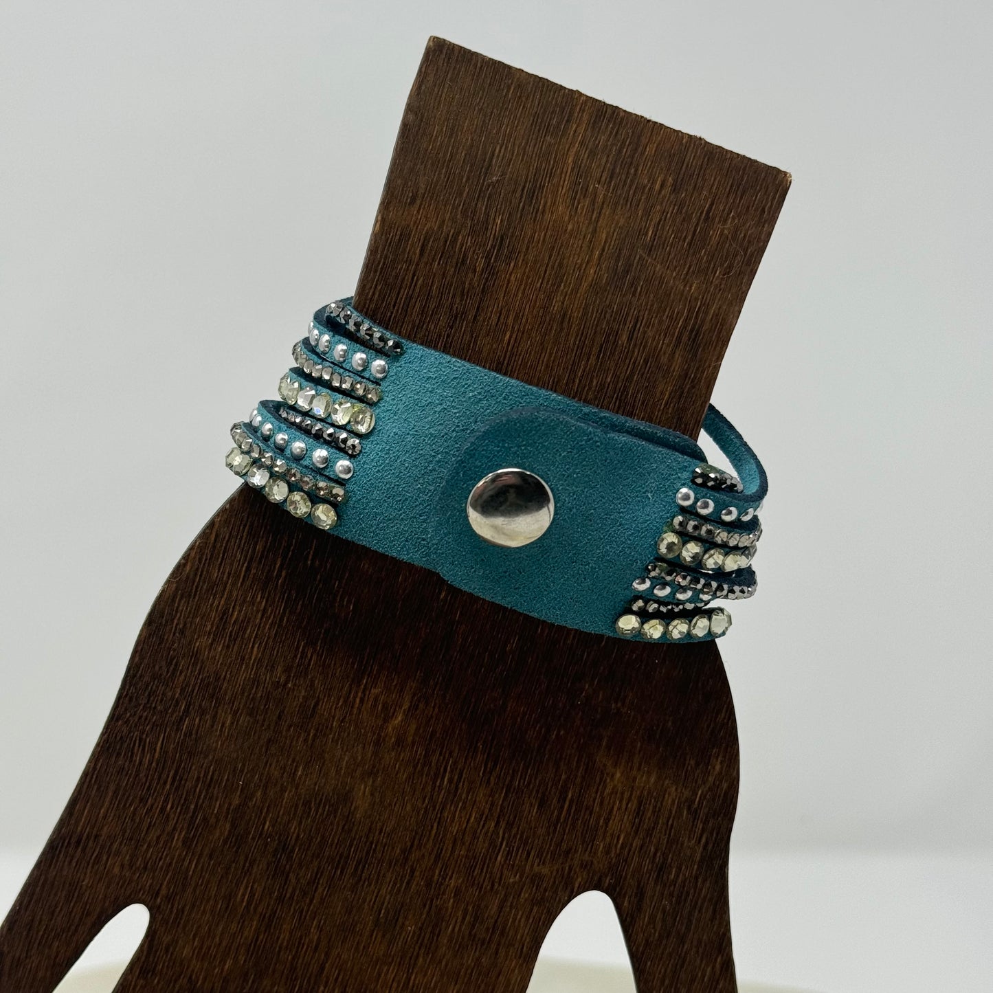Bracelet Boho Southwest Layer Blue Faux Leather Rhinestone Cuff 9.25 in