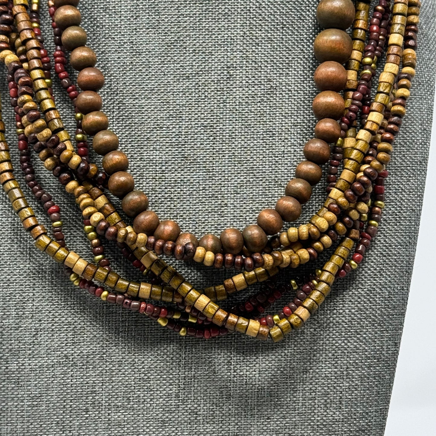 Wooden Bead Statement Necklace Earth Tones Artisan Handmade Multi-Strand Boho Jewelry
