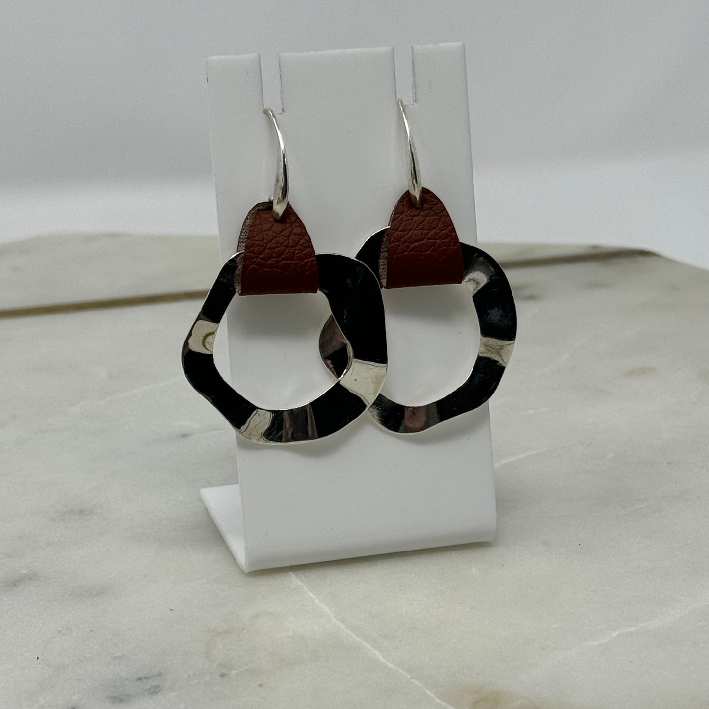 Earrings Boho Modern Southwest Leather Silver Tone Abstract Artisan Dangle Hook 2.5 in