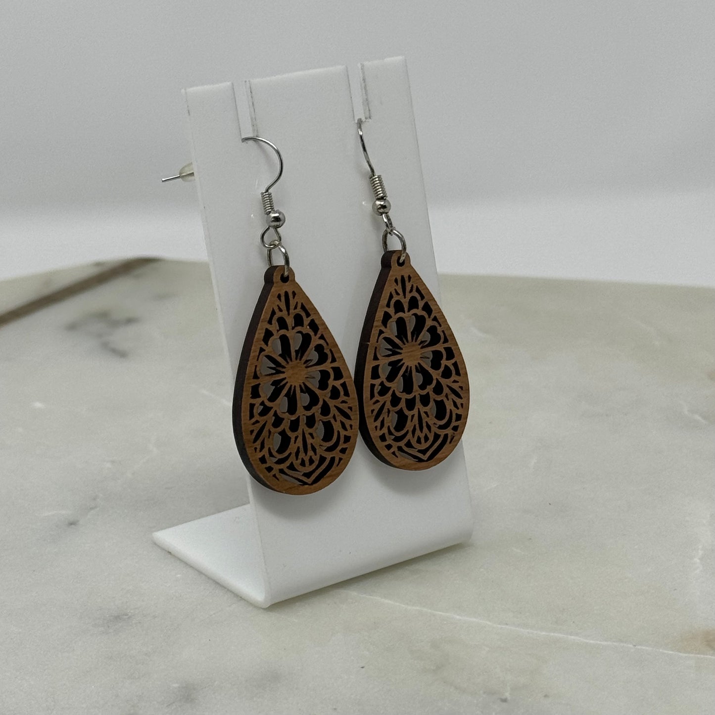 Earrings Boho Woodgrain Intricate Flower Teardrop Hook Dangles 2.5 Inch Drop Brown