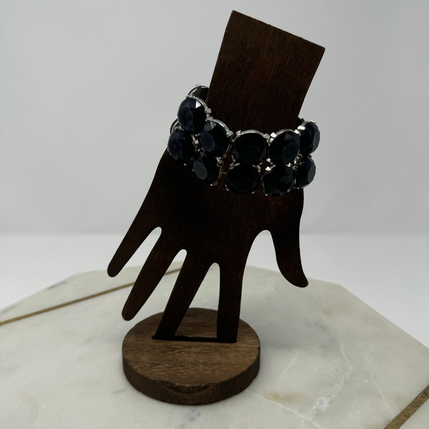 Bracelet Black Statement Rhinestone Stretch Cuff Bangle 8 in Costume Jewelry