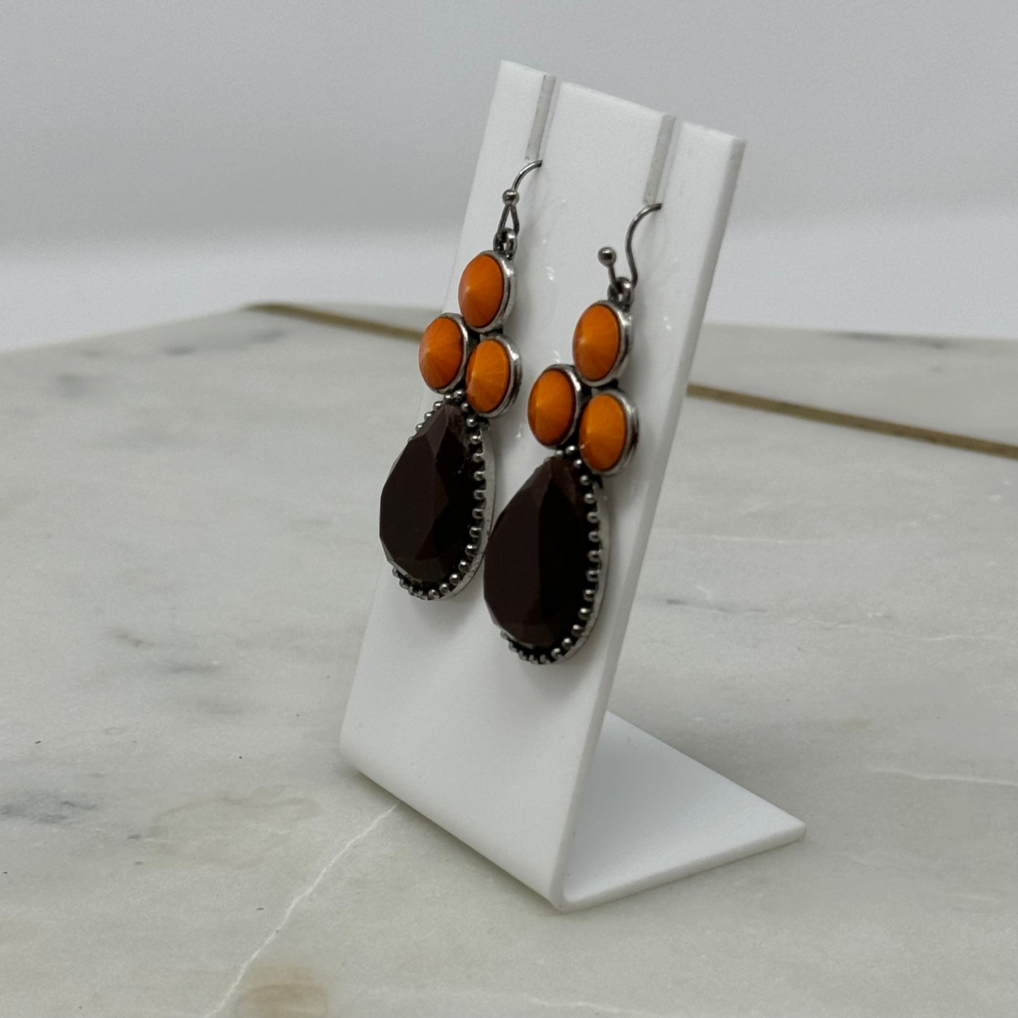 Earrings Boho Southwest Brown Orange Teardrop Hook Dangles Silver Tone 2 Inch