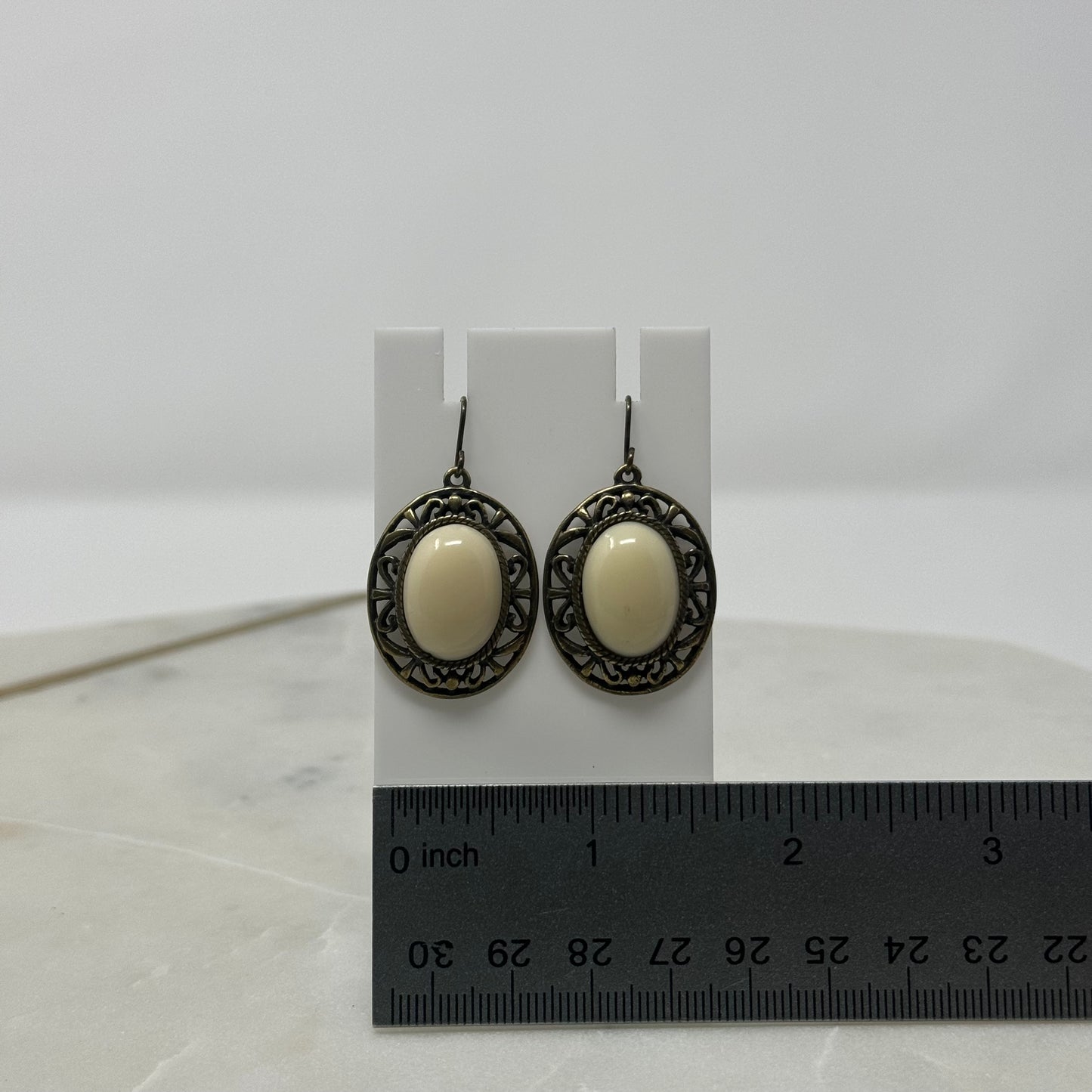 Oval Brass & White Dangle Earrings