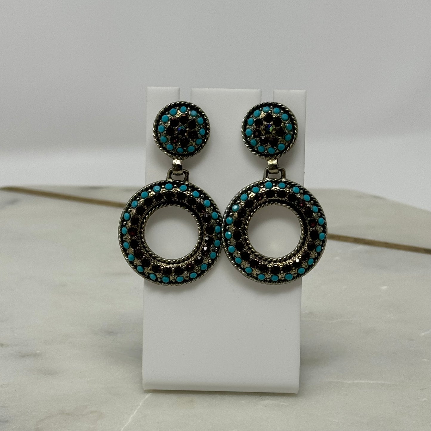 Earrings Boho Southwest Round Stud Dangles Blue Silver Tone Stud 2 in Drop