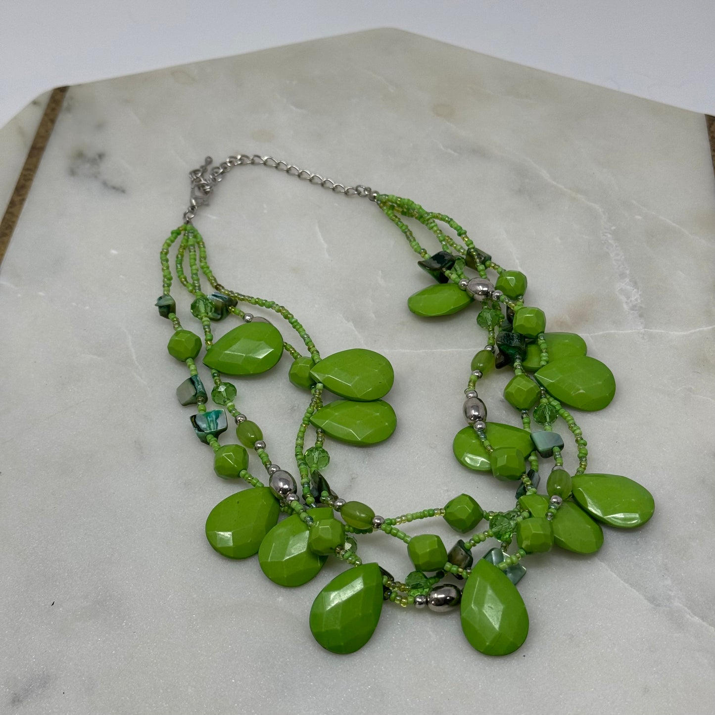 Women’s Necklace Boho Statement Beaded Teardrop Pendants Green Shell 16 in