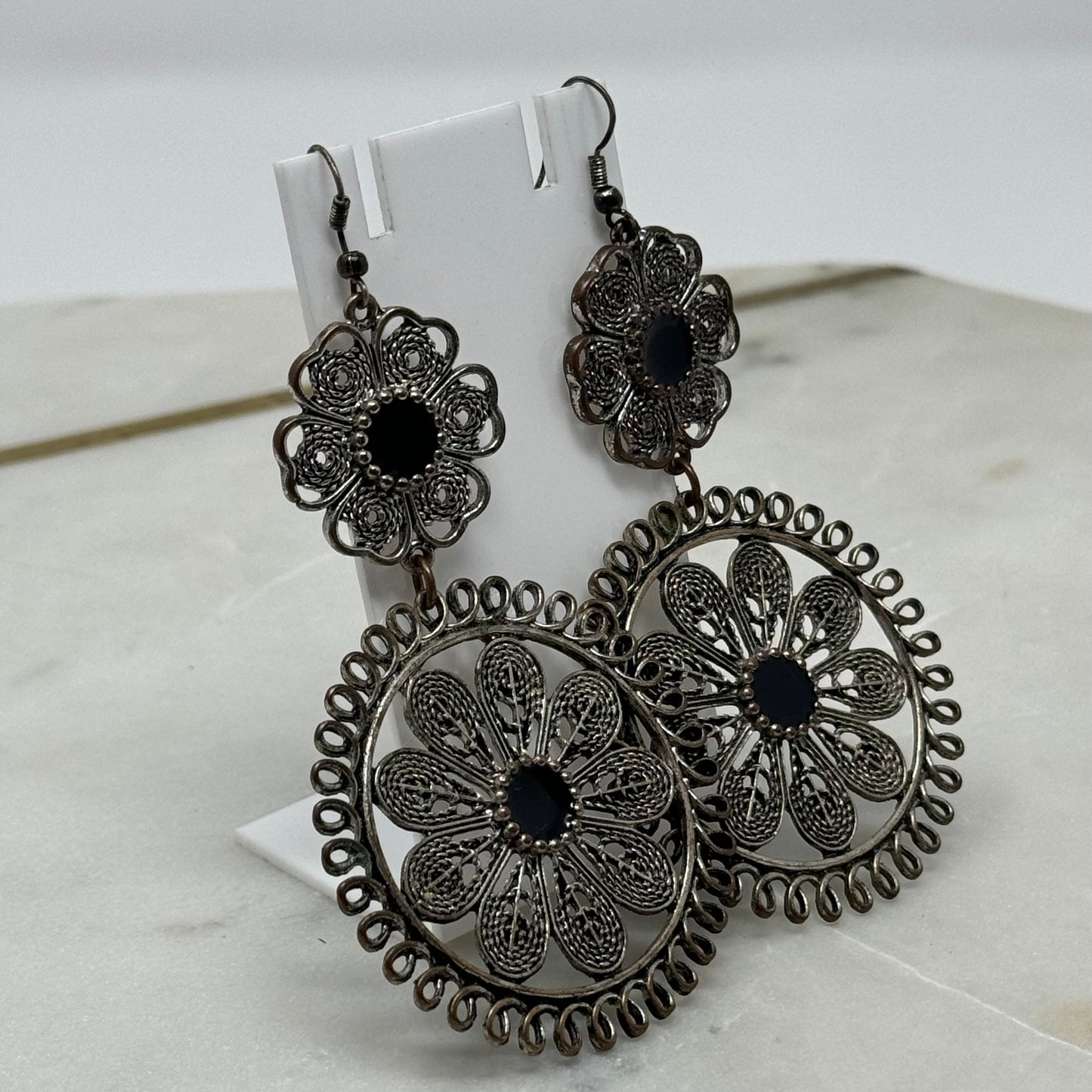 Floral Silver & Black Multi-Layer Dangle Hook Earrings