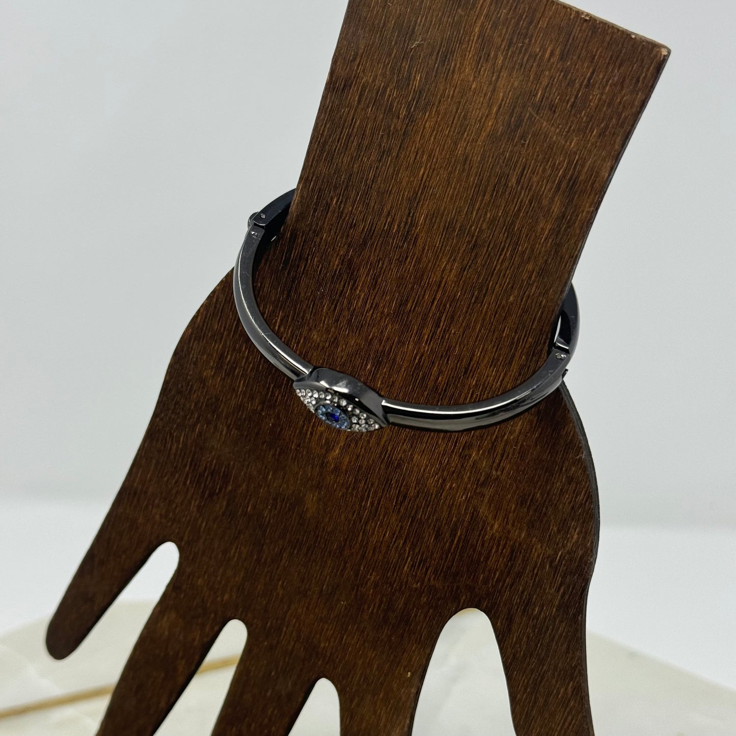 Bracelet Boho Blue Eye Rhinestone Metal Hinge Bangle Gun Metal Tone 7.75 in