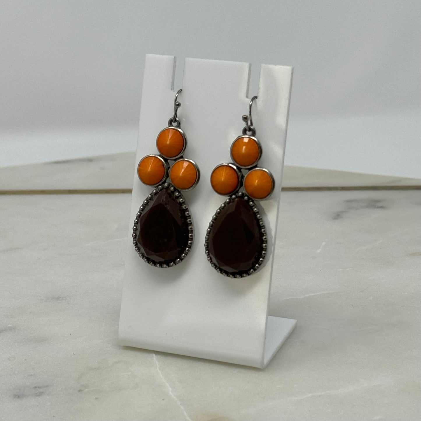 Earrings Boho Southwest Brown Orange Teardrop Hook Dangles Silver Tone 2 Inch