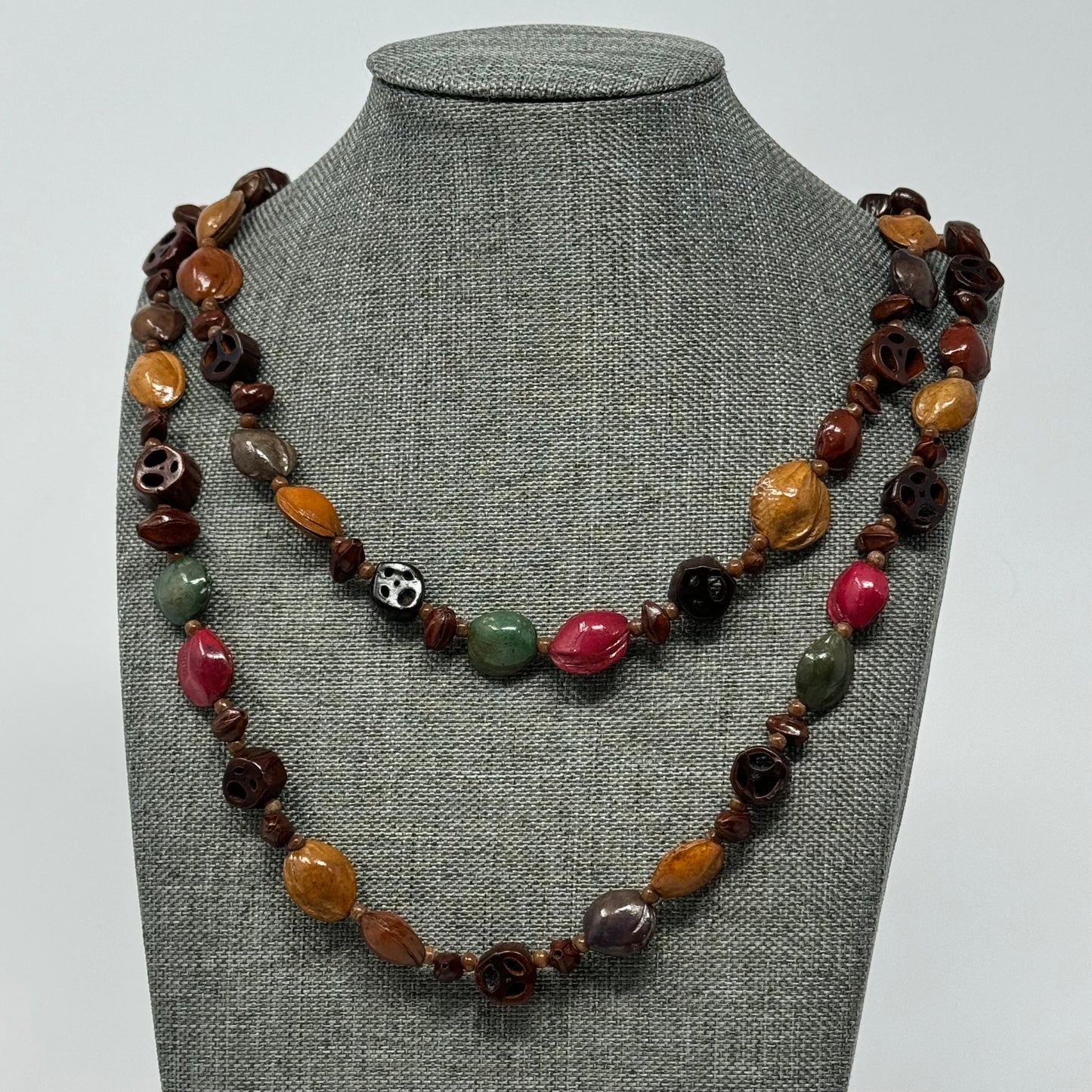 Artisan Hand-carved Bead Necklace - Boho Multi-Colored Statement Jewelry Handmade