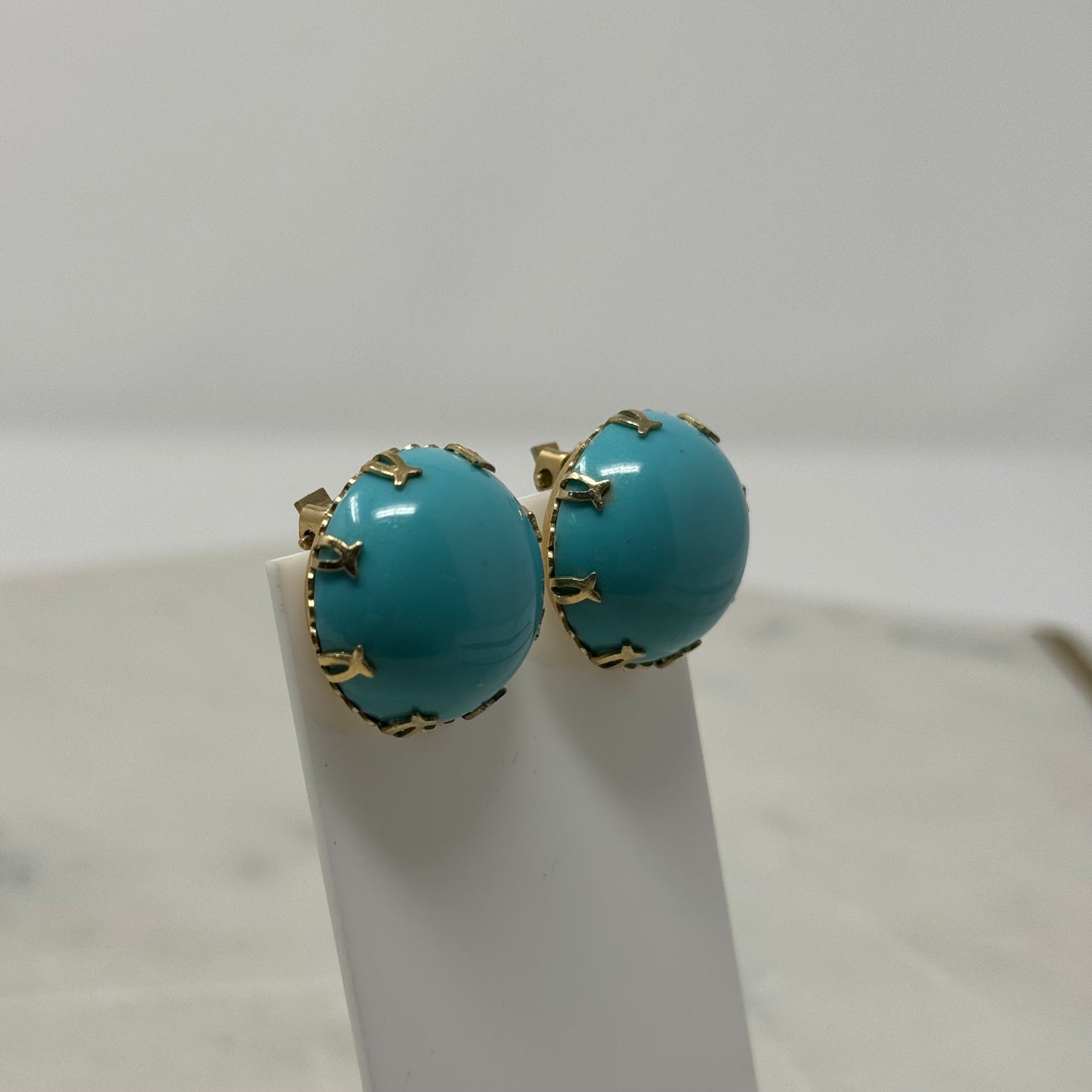 Vintage Classy Round Gold & Teal Clip-On Earrings