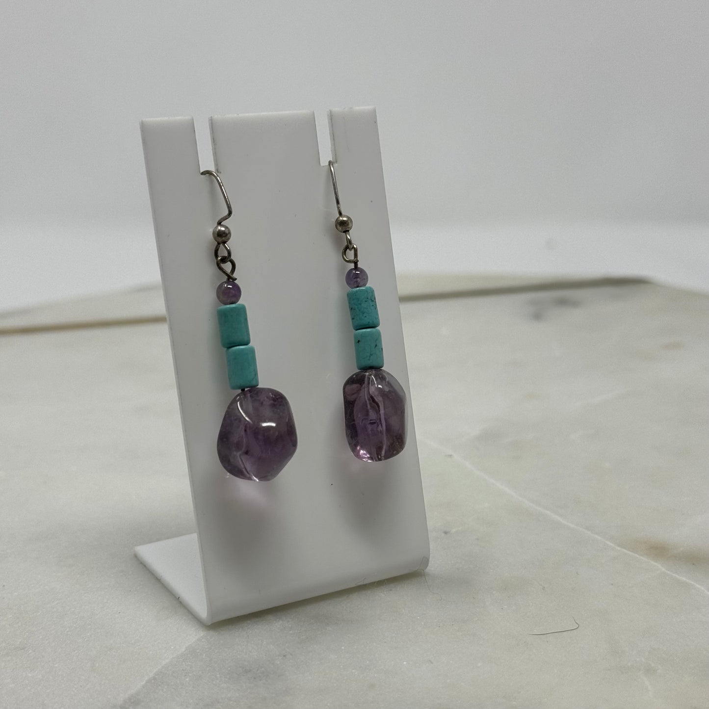 Earrings Boho Southwest Hook Dangles Turquoise & Purple Beaded Stone 2.5 in