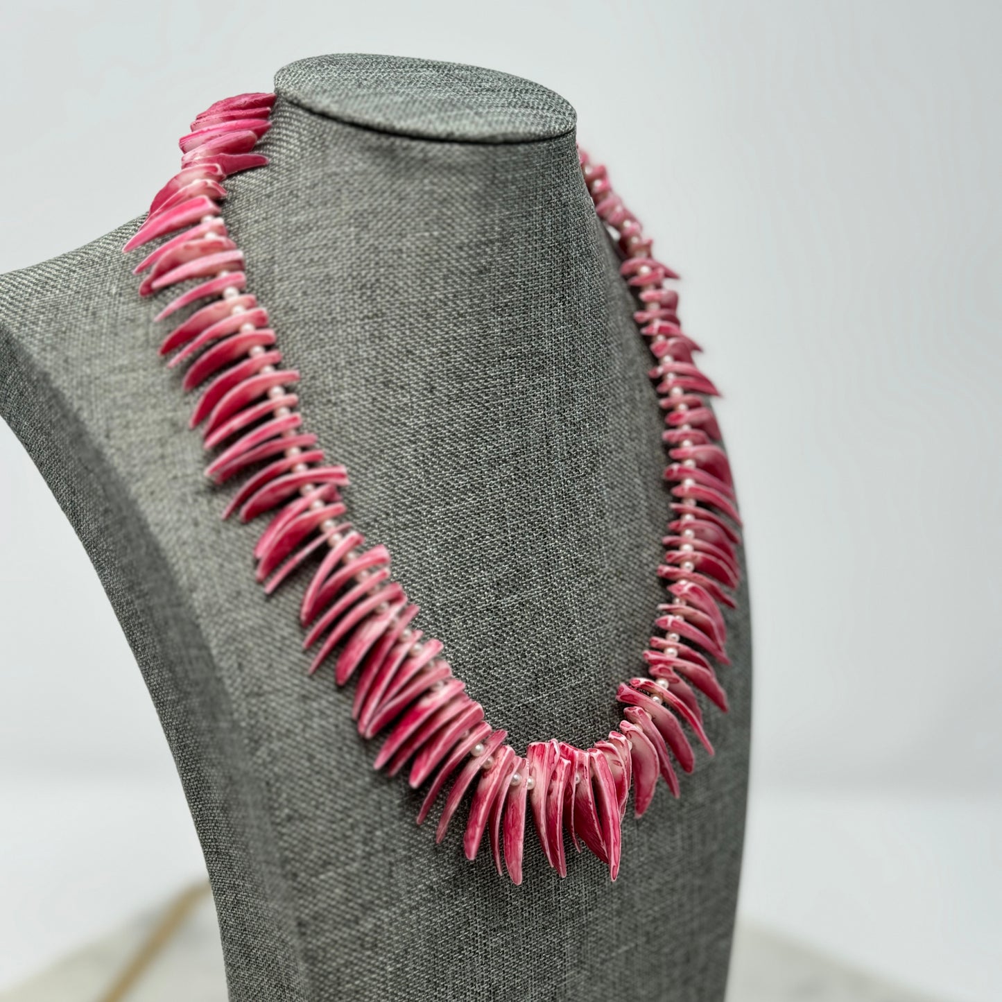 Unique Pink Shell Spike Necklace with Pearl Accents - Handmade Boho Statement Jewelry