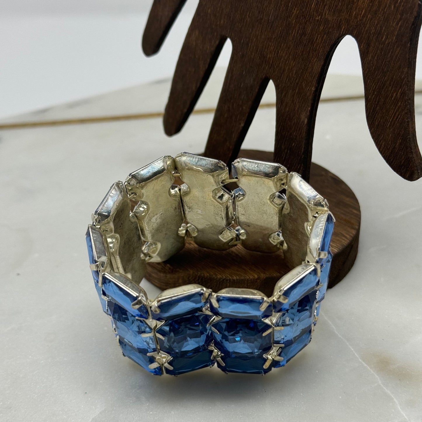 Vintage Blue Rhinestone Bracelet - Art Deco Style, Statement Jewelry, Silver Tone Glam Bangle