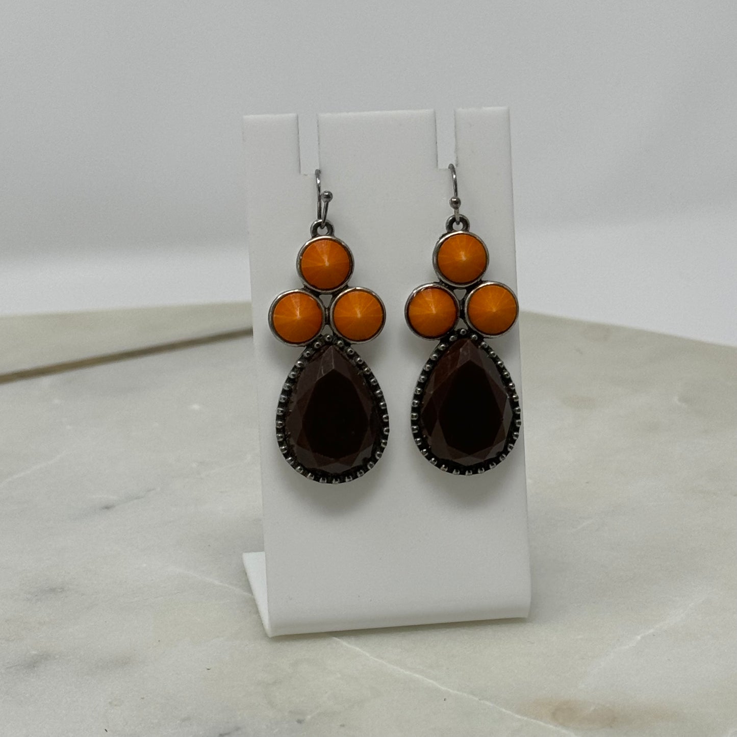 Earrings Boho Southwest Brown Orange Teardrop Hook Dangles Silver Tone 2 Inch