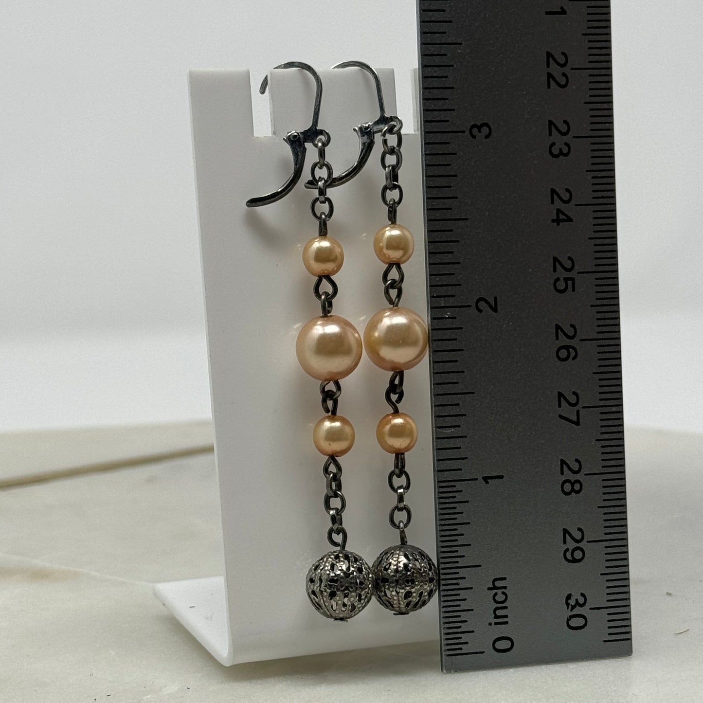 Peach Pearl Dangle Statement Leverback Earrings
