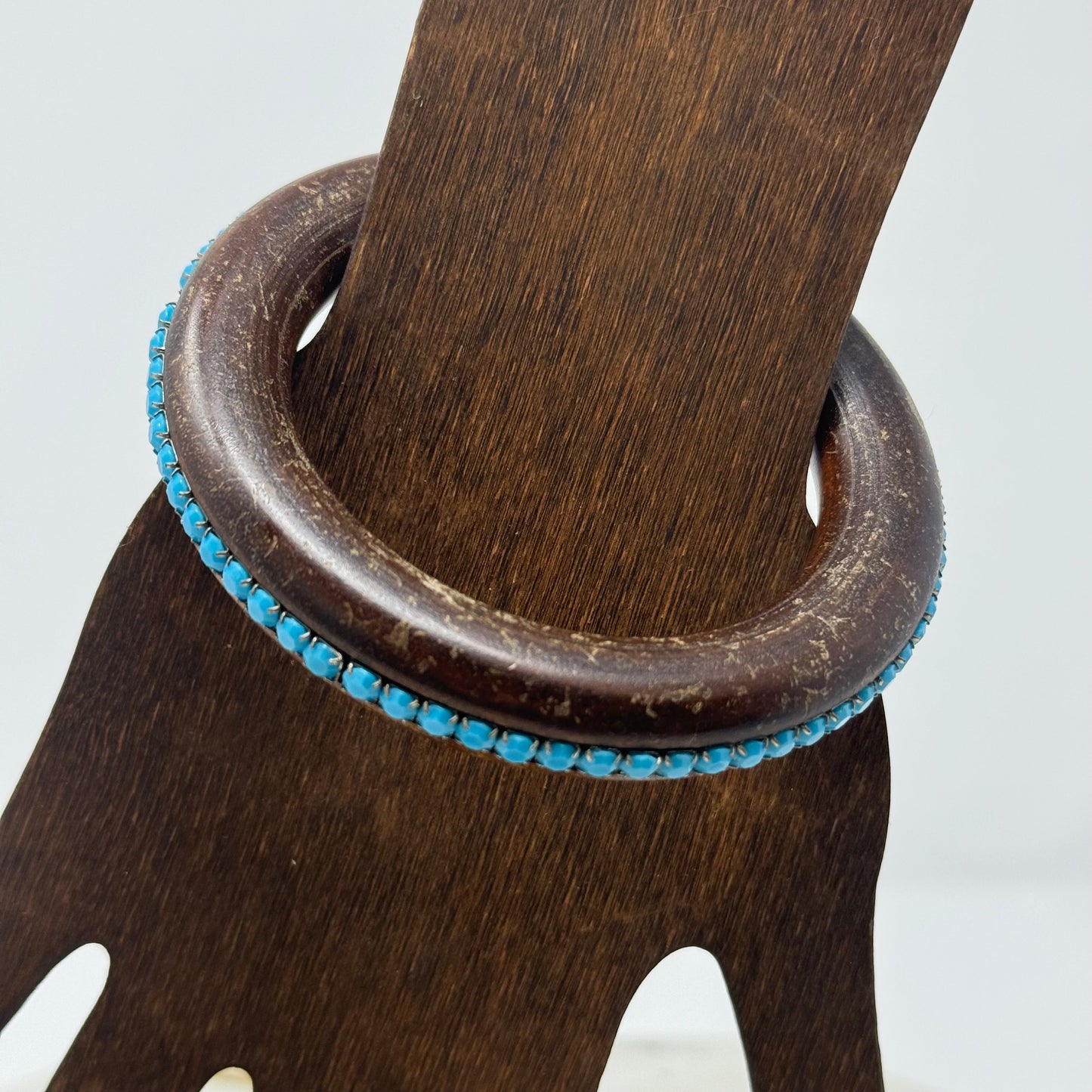 Vintage Wood Bangle Bracelet with Turquoise Bead Accents - Boho Chic, Rustic Handmade Jewelry