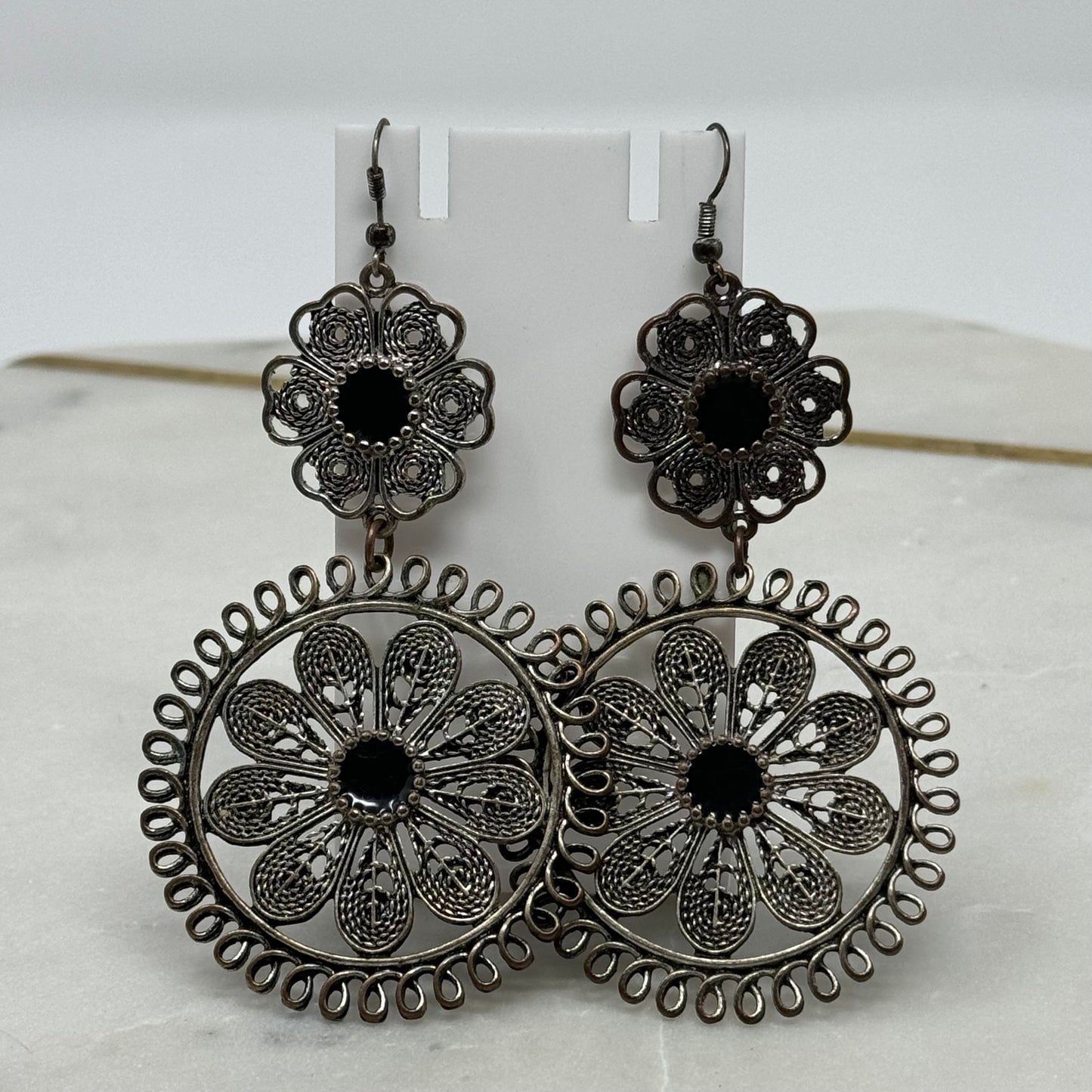 Floral Silver & Black Multi-Layer Dangle Hook Earrings