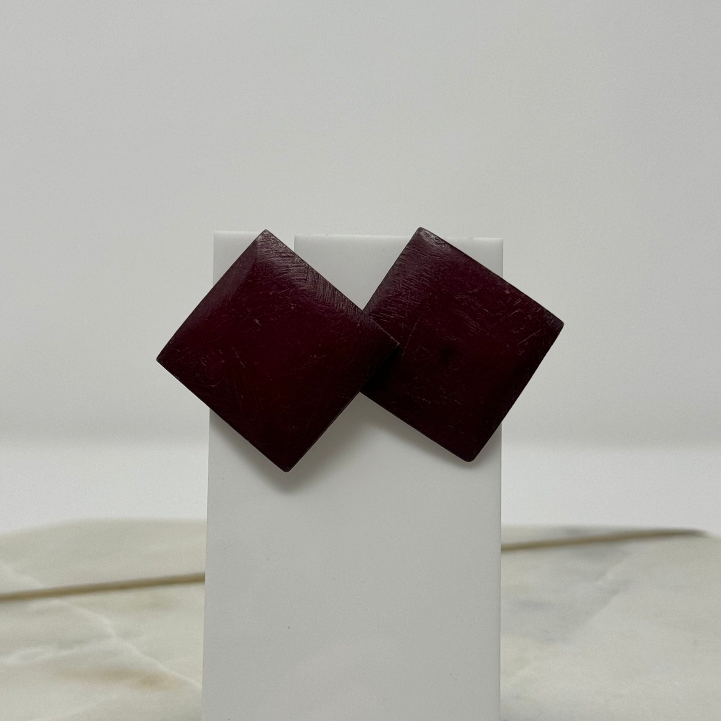 Vintage Dark Maroon Square Wood Earrings
