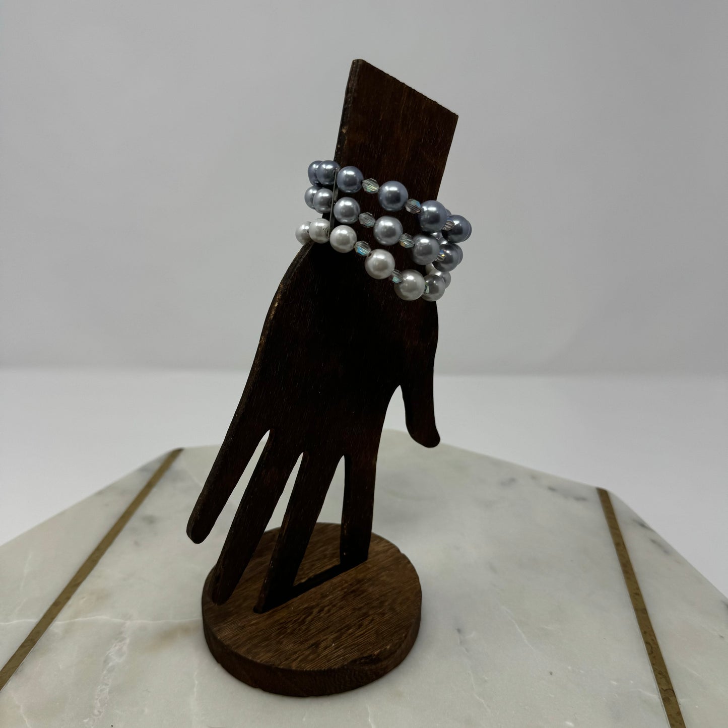 Bracelet Faux Pearl Multi Row Silver Tone Beaded Rhinestone Spacer Wrap Cuff Bangle 6 Inch