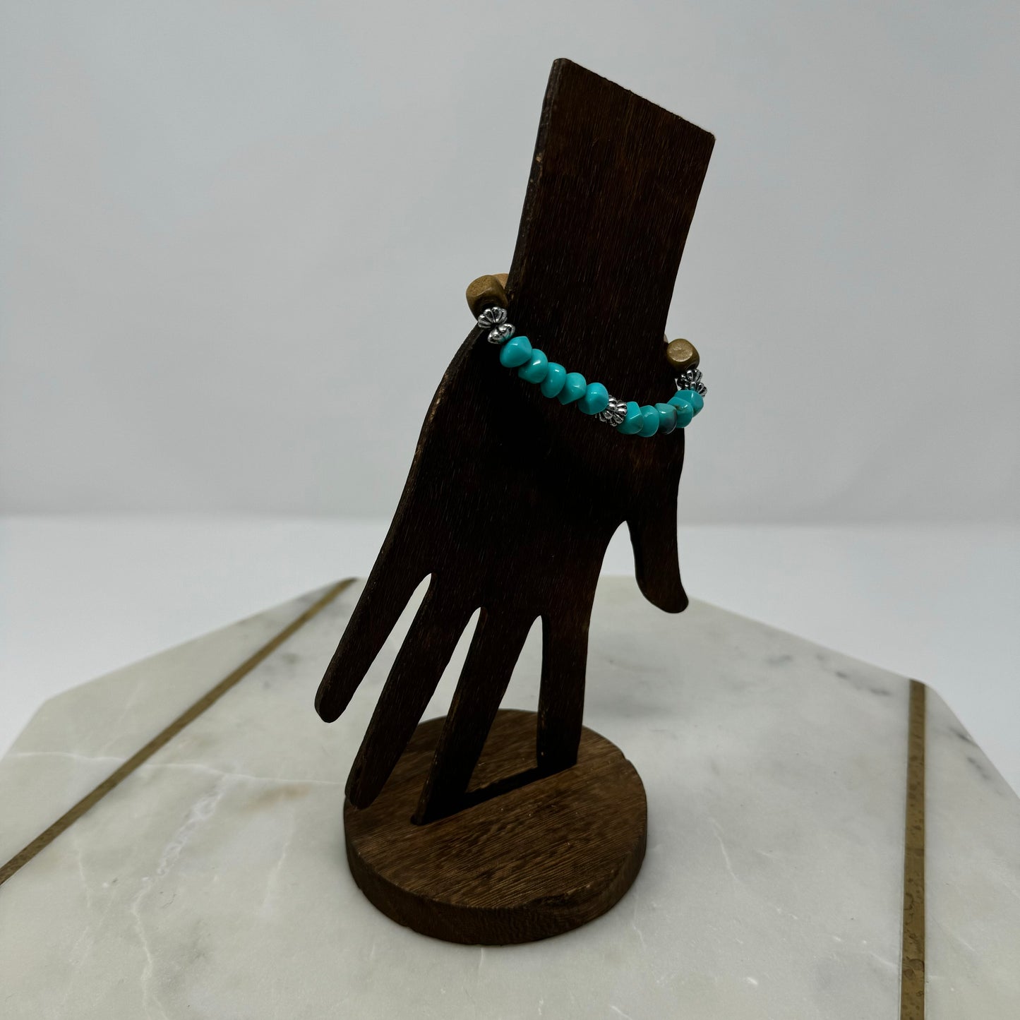 Bracelet Boho Southwest Wood Beaded Stretch Bangle Teal Blue Beige Silver 7 in