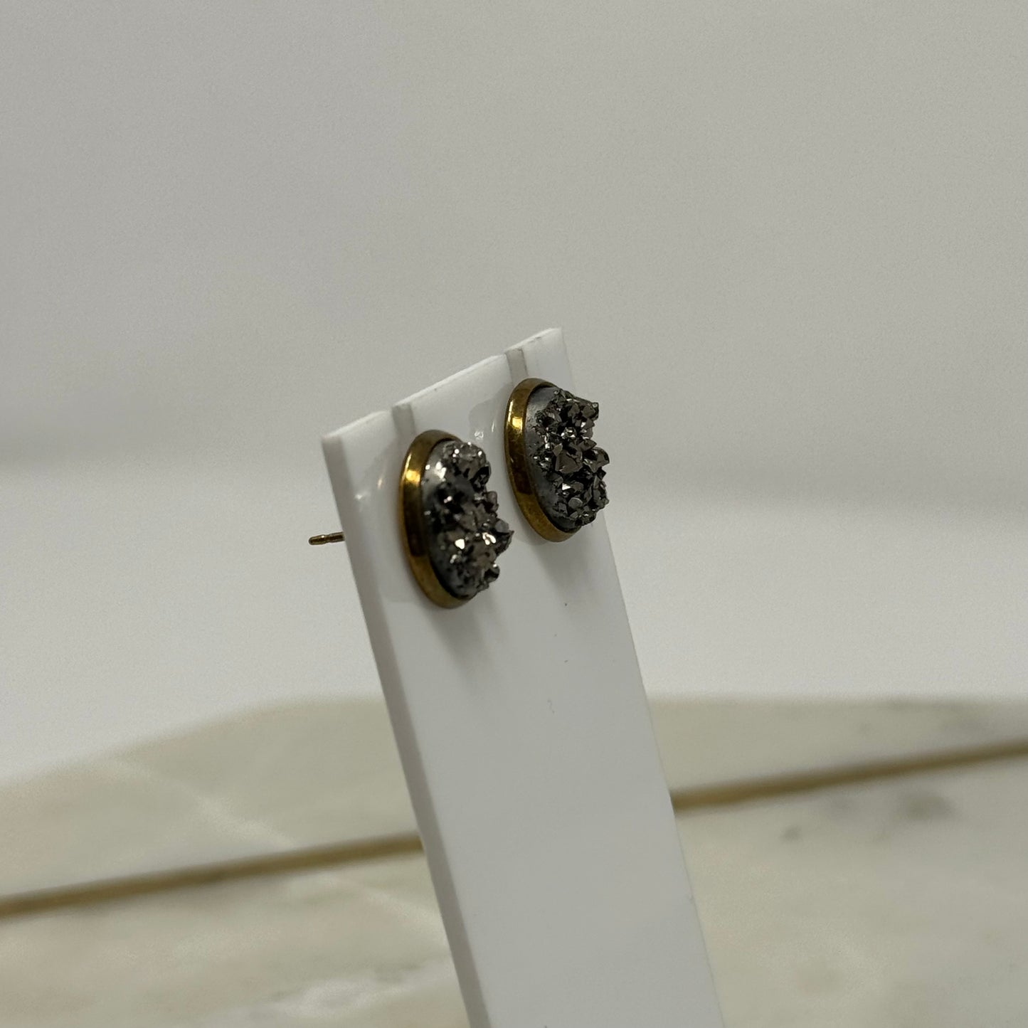 Sparkle Gun Metal Druzy Rock Crystal Stud Earrings