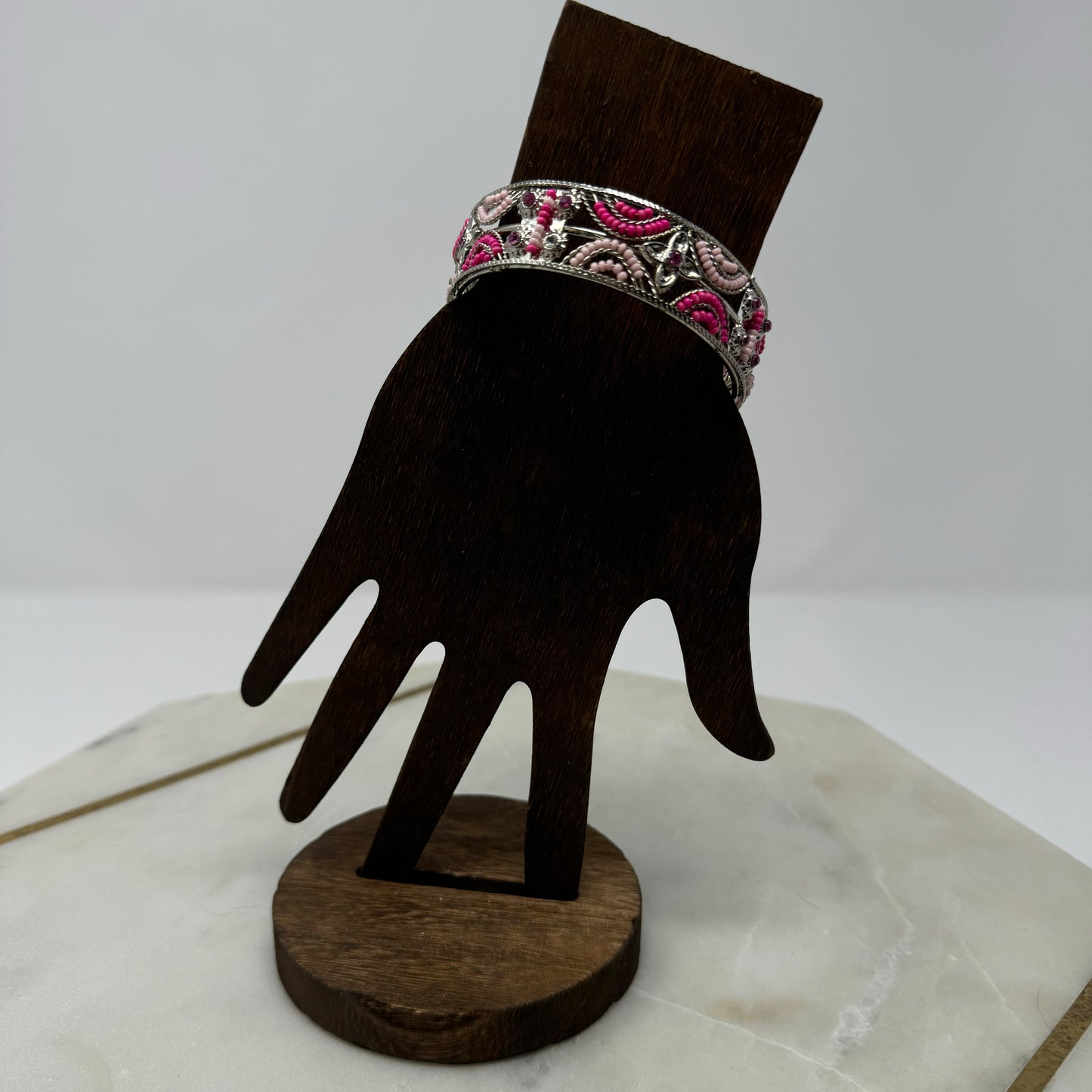 Elegant Pink Beaded Bracelet with Floral Design - Trendy Handmade Boho Fashion Jewelry