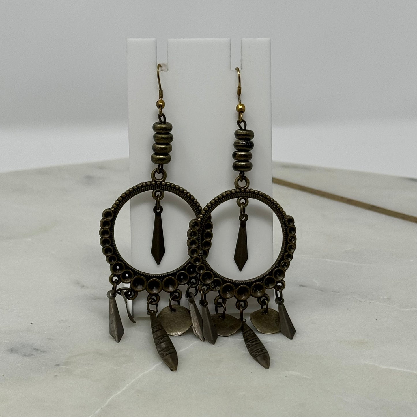 Earrings Boho Southwest Dangles Brass Tone Chandelier Hook 4" Drop Pierced Ear