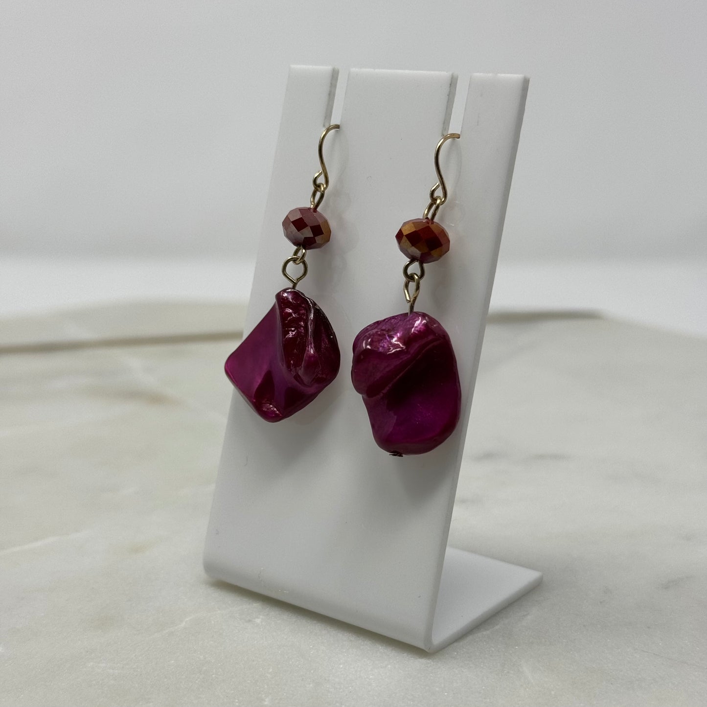 Pink Beaded Shell Hook Earrings