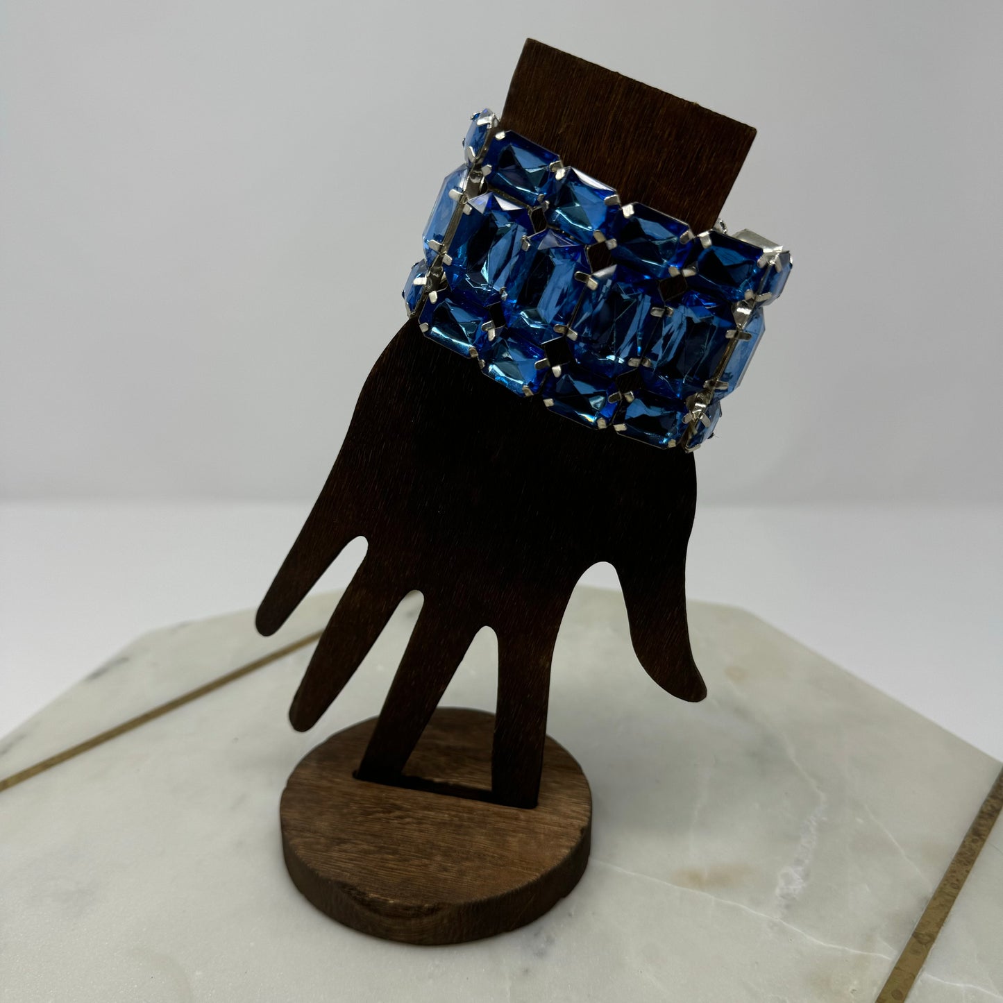 Vintage Blue Rhinestone Bracelet - Art Deco Style, Statement Jewelry, Silver Tone Glam Bangle