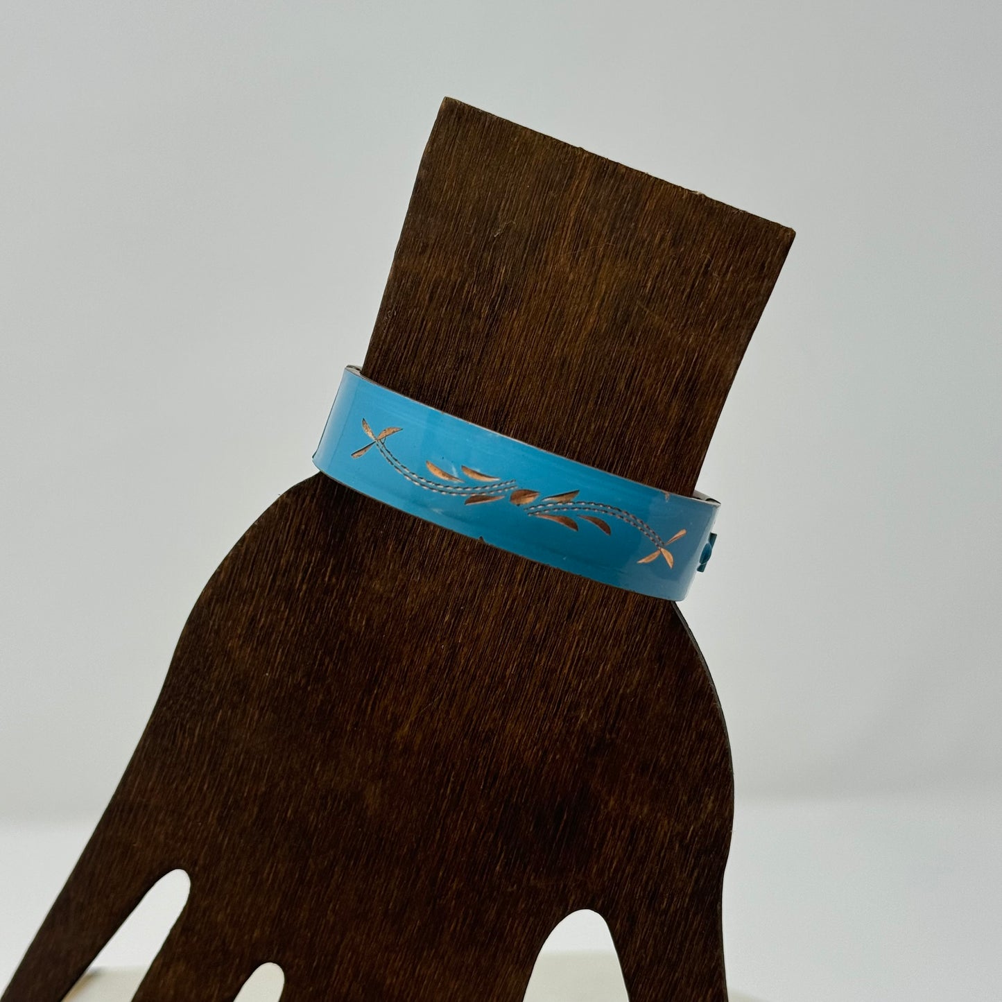 Vintage Blue Bangle Bracelet with Gold Accents - Mid-Century Modern, Floral Design, Retro Statement Jewelry